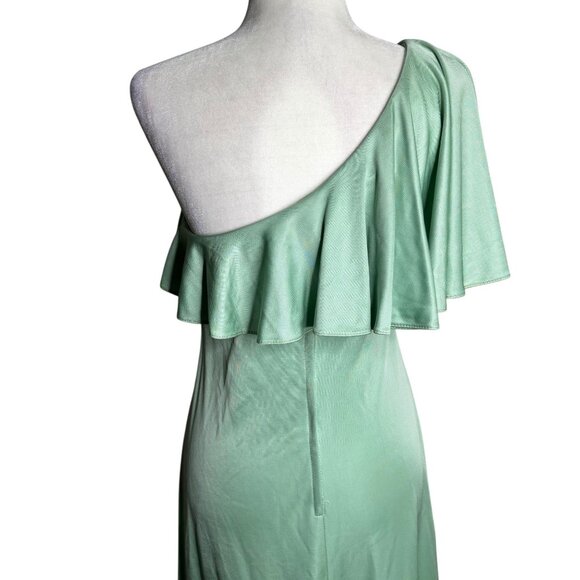 Vintage 70s One Shoulder Mint Green Maxi Dress Small Ruffle Overlay Zipper - Picture 6 of 12